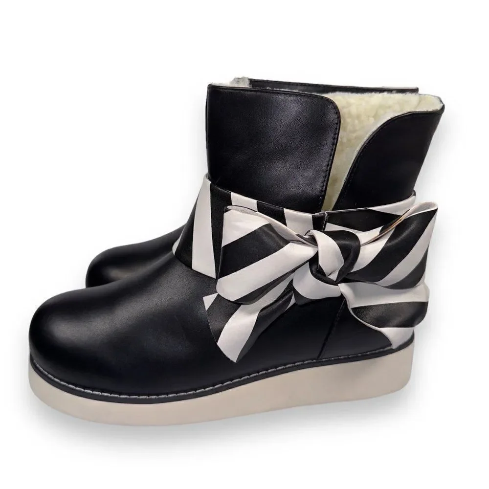 Lola Ramona Faux Sherpa Winter Striped Bow Boots Black / White‎ Women's 8/38